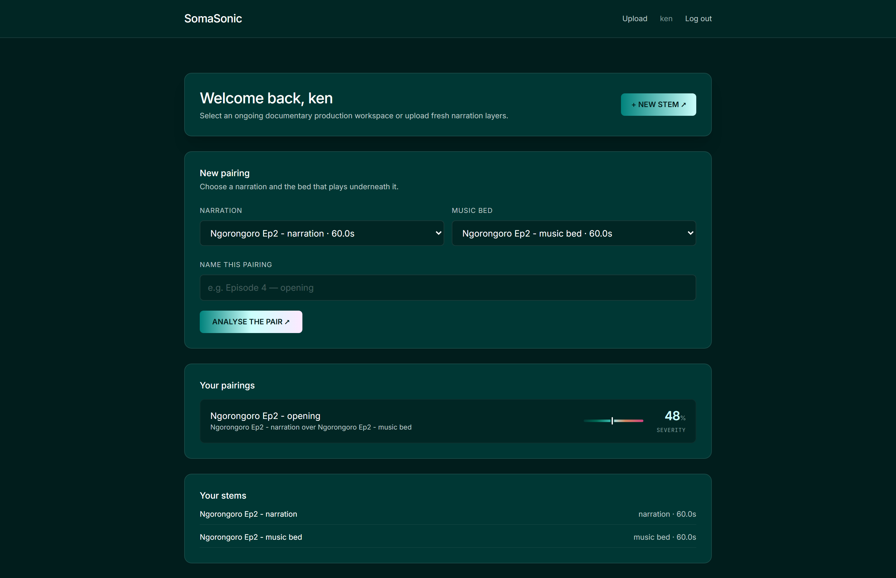 SomaSonic dashboard: a New pairing panel with narration and music-bed selectors, a Your pairings row showing Ngorongoro Ep2 at 48 percent severity beside a small colour ramp, and the uploaded stems listed below.
