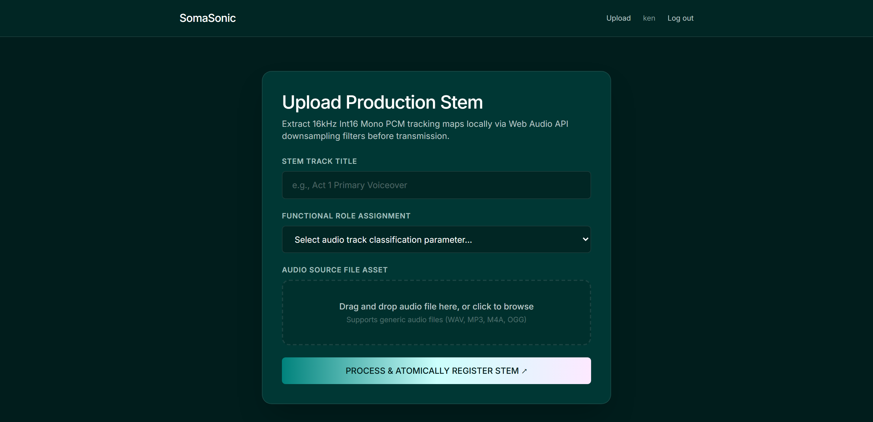 Upload Production Stem form with a title field, a role selector set to Music Bed slash Ambient Background Layer, a locked file showing music_bed.wav at 1.01 megabytes, and a progress bar reading Downsampling pass successful.